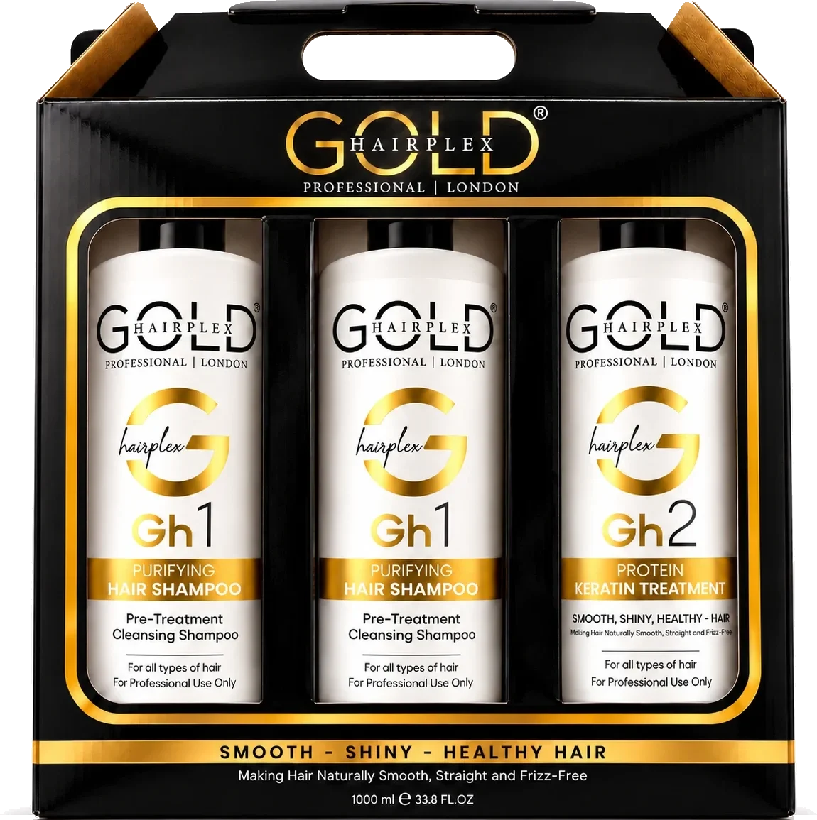 Gold HairPlex kit: two Gh1 purifying shampoos and one Gh2 protein keratin treatment